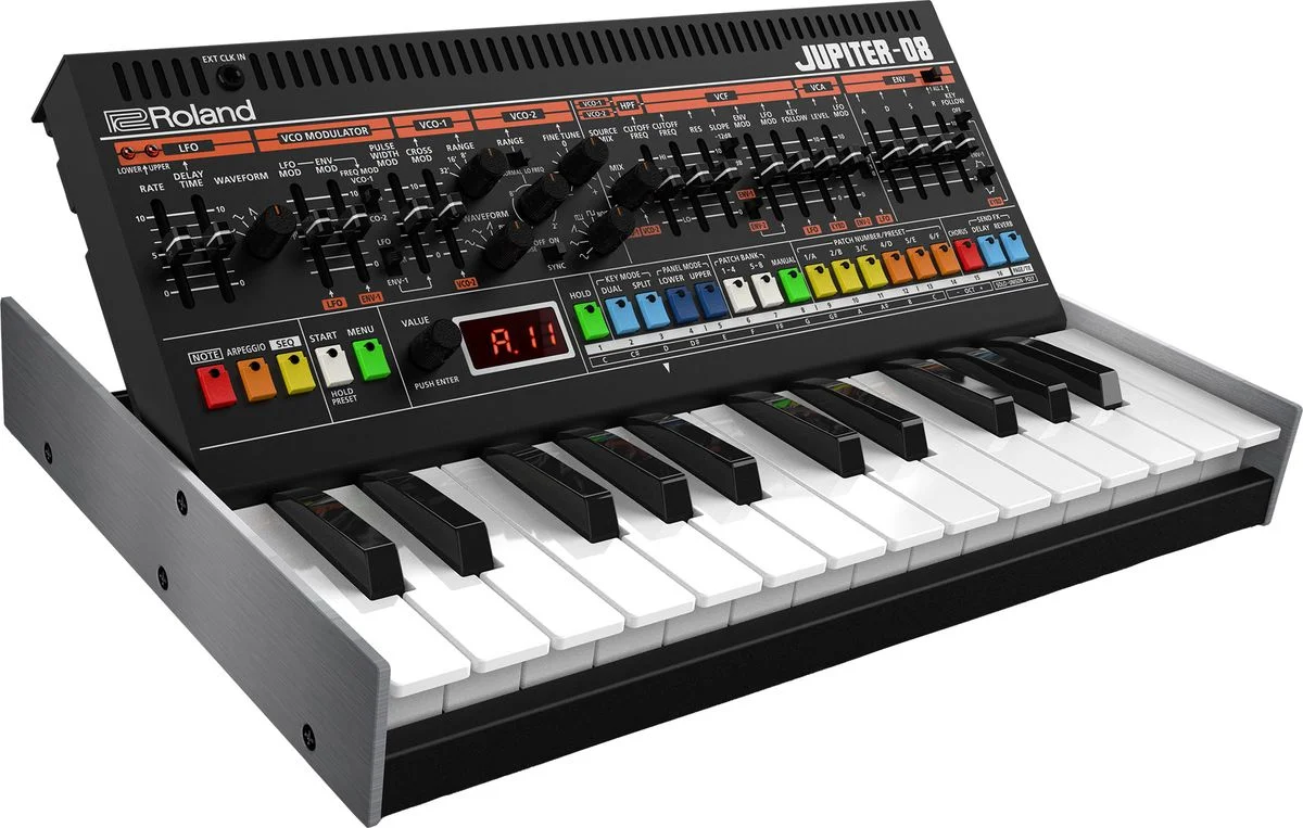 『JUPITER-08』本体。付属キーボード・ユニット装着、黒いパネルとカラフルなボタン