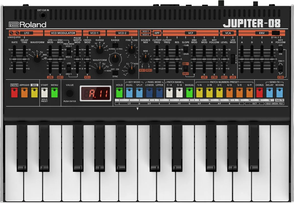 『JUPITER-08』に付属キーボード・ユニット「K-25m」を装着した上面