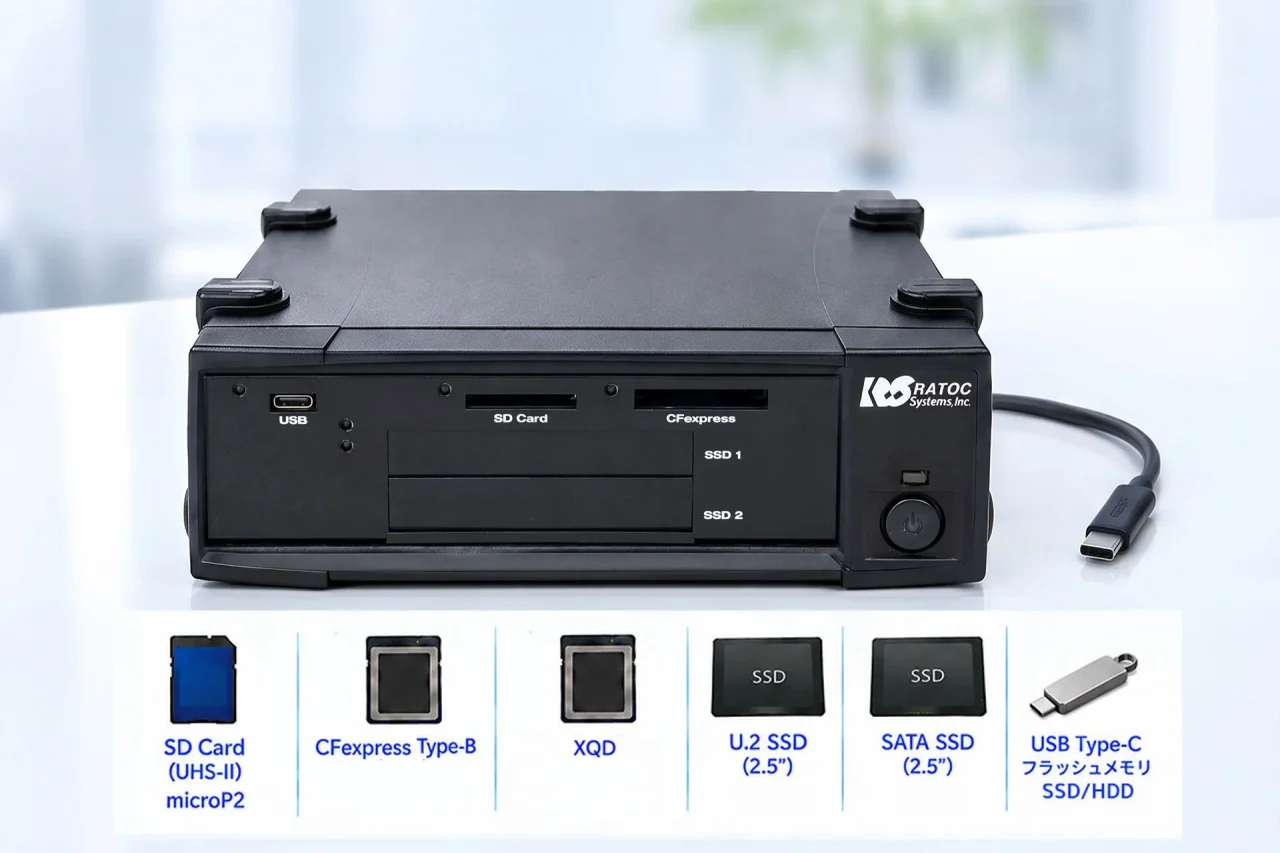 RS-MR48EXの前面。SDカードやCFexpress、SSDスロットとUSB Type-Cケーブルを備える