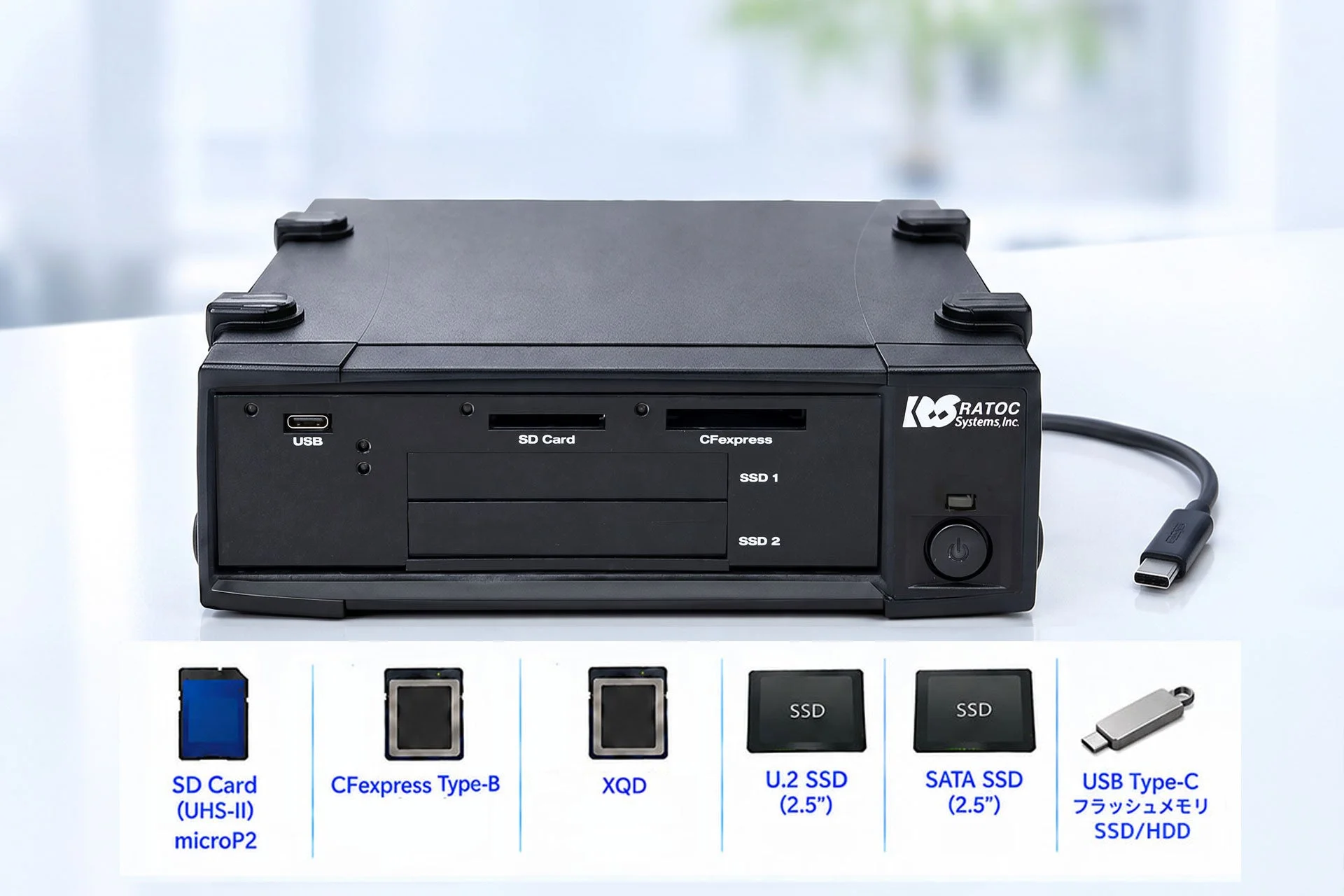 RS-MR48EXの前面。SDカードやCFexpress、SSDスロットとUSB Type-Cケーブルを備える