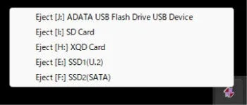 MR48HotPlugToolのメディア取り外しメニュー。SDカードやXQD、SSDが並ぶ