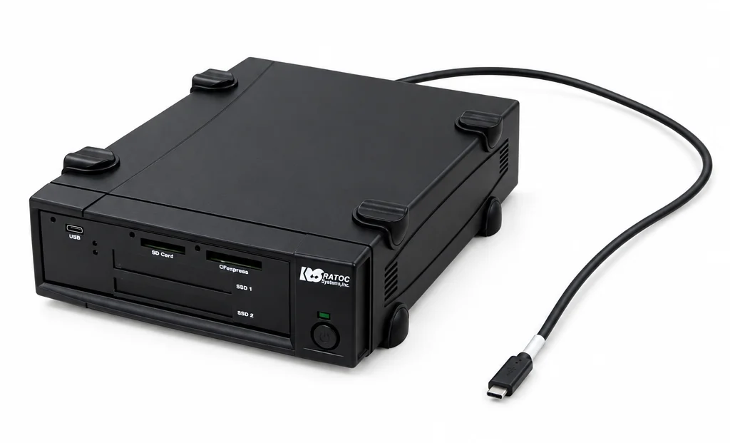 RS-MR48EX 黒い本体前面にSDカード等のスロットとUSB Type-Cケーブル