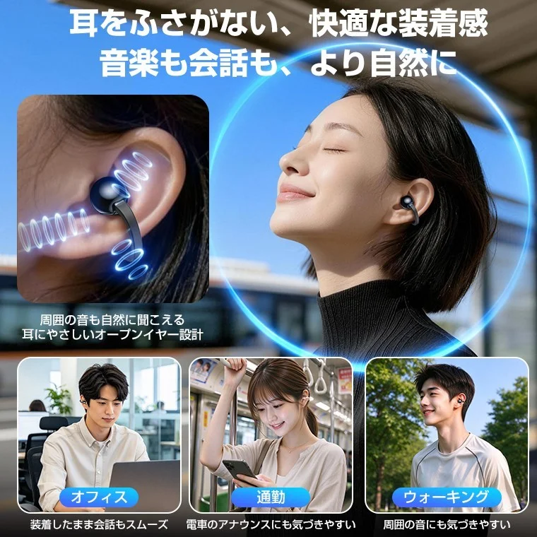 LL07 オープンイヤーイヤホンを耳に着けた女性と、オフィス・通勤・ウォーキングの場面
