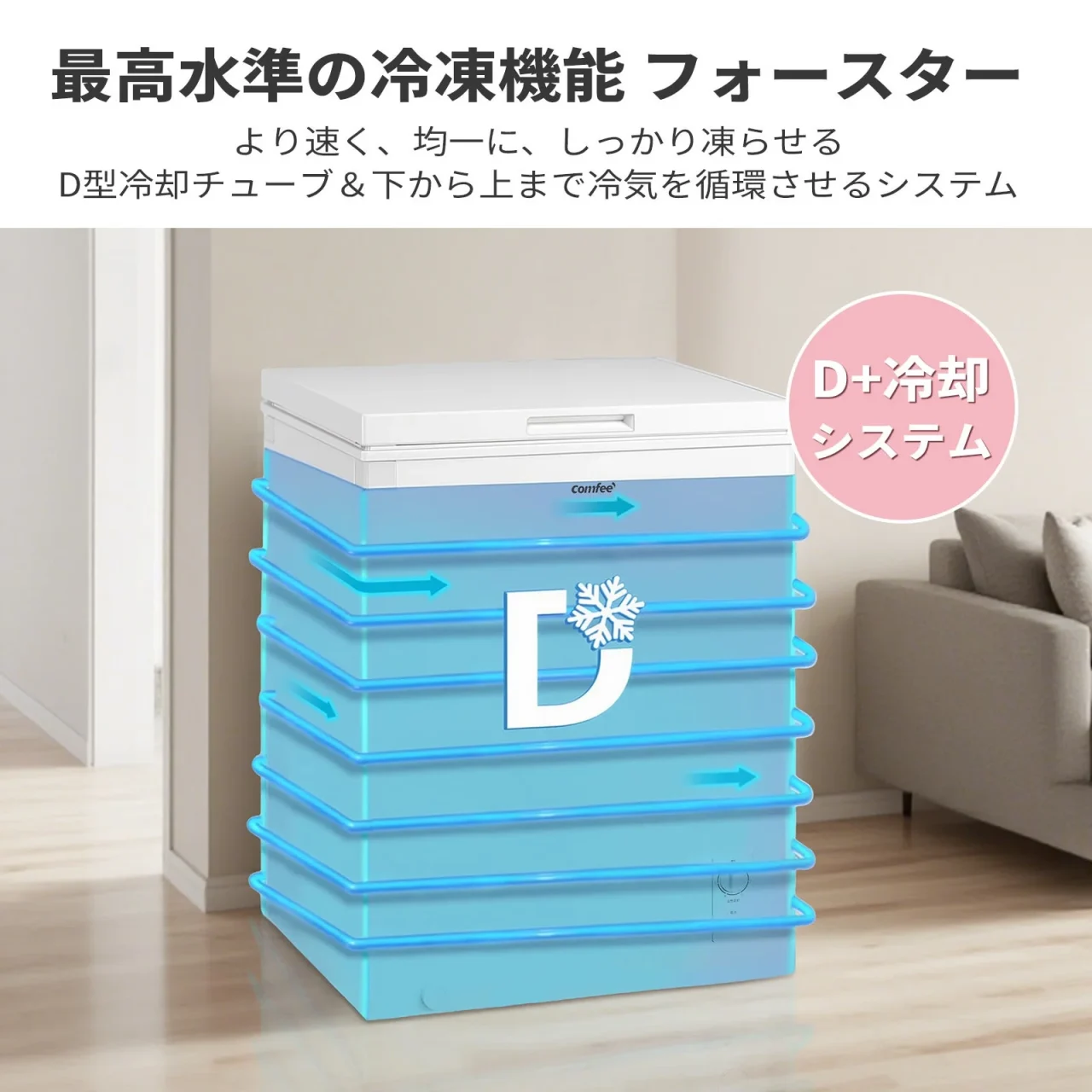D+冷却システムを示す、層状に青く表示された白い上開き冷凍庫