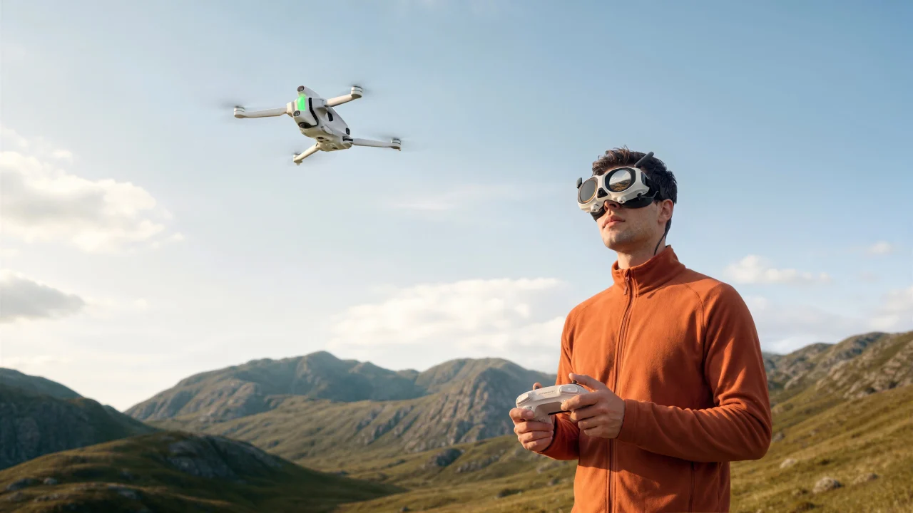 Visionゴーグルを装着しリモコンを持つ男性と、上空を飛ぶドローン