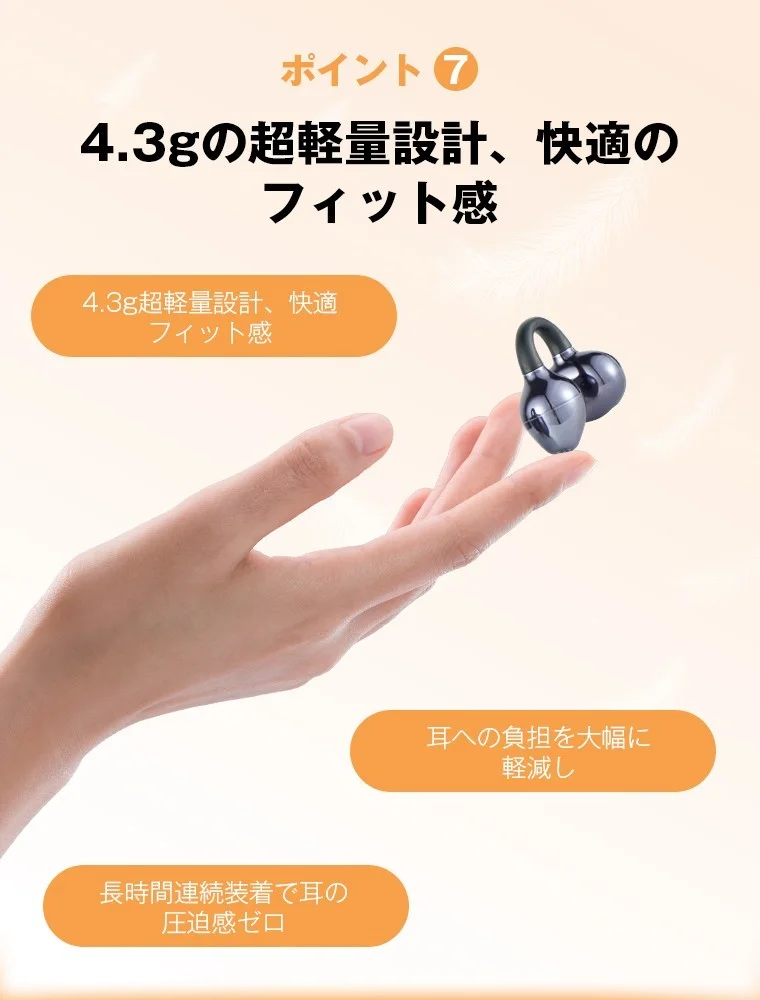 イヤーカフ型集音器を指先にのせた、超軽量設計を説明する画像