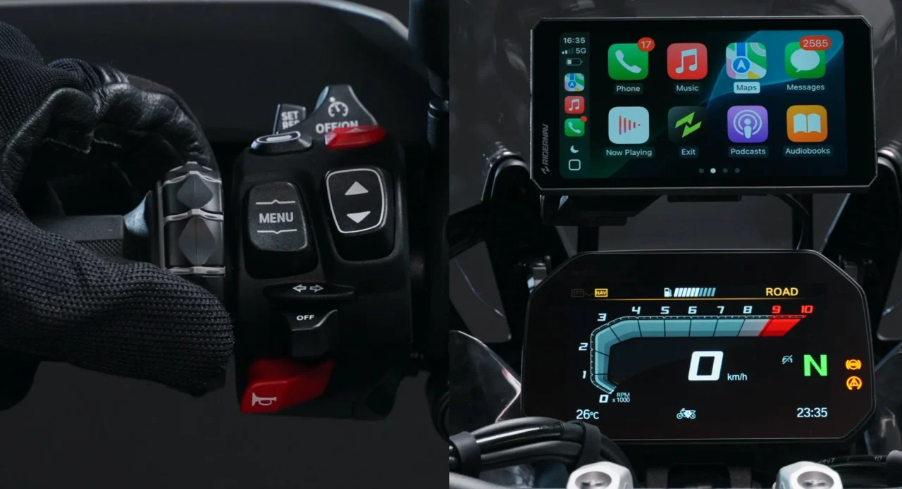 R7M 7インチスマートディスプレイのCarPlay画面と、バイクのハンドルスイッチ・メーター