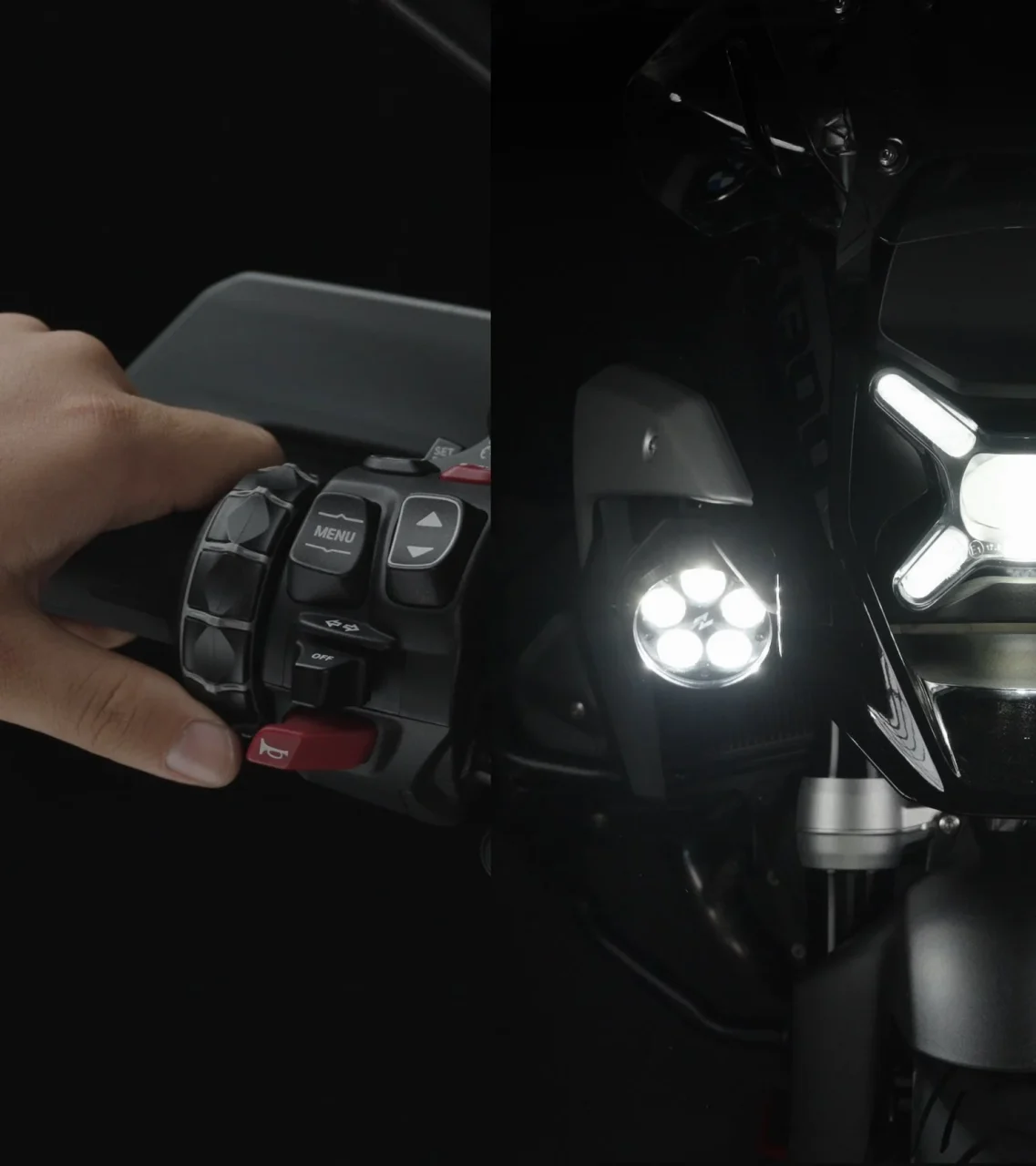 Q5 Pro バイク用LED補助灯の点灯と、ハンドル左側スイッチを操作する手