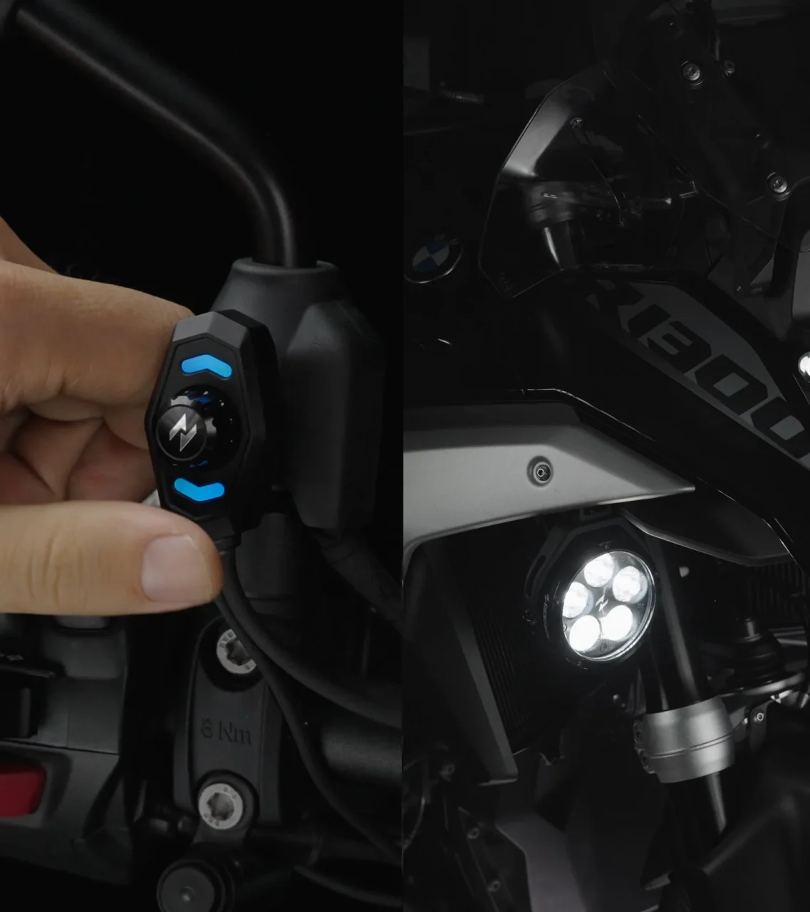 Q5 Pro LED補助灯と、ハンドル脇の青い矢印付きスイッチを持つ手