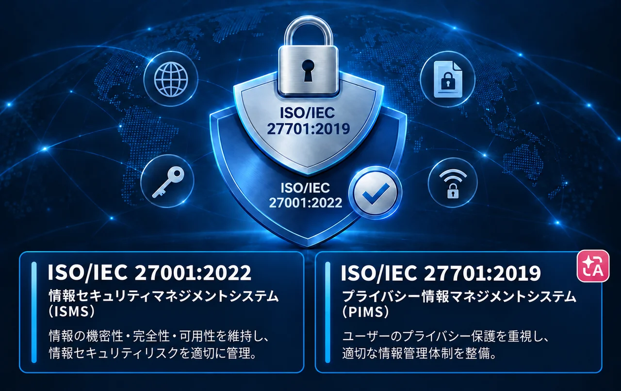 ISO/IEC 27001:2022と27701:2019認証を示す、盾と南京錠の図解