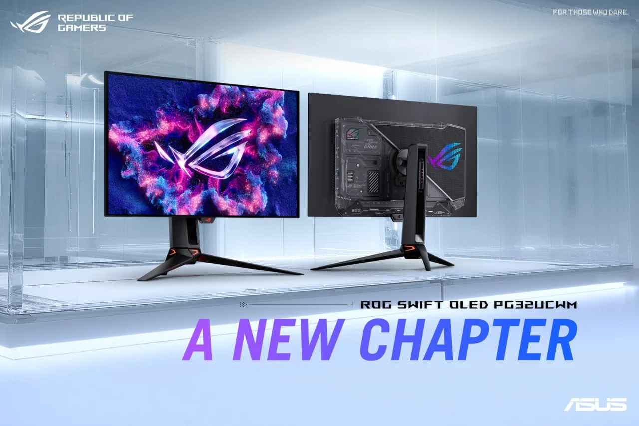 ROG Swift OLED PG32UCWMの前面と背面を並べた告知ビジュアル