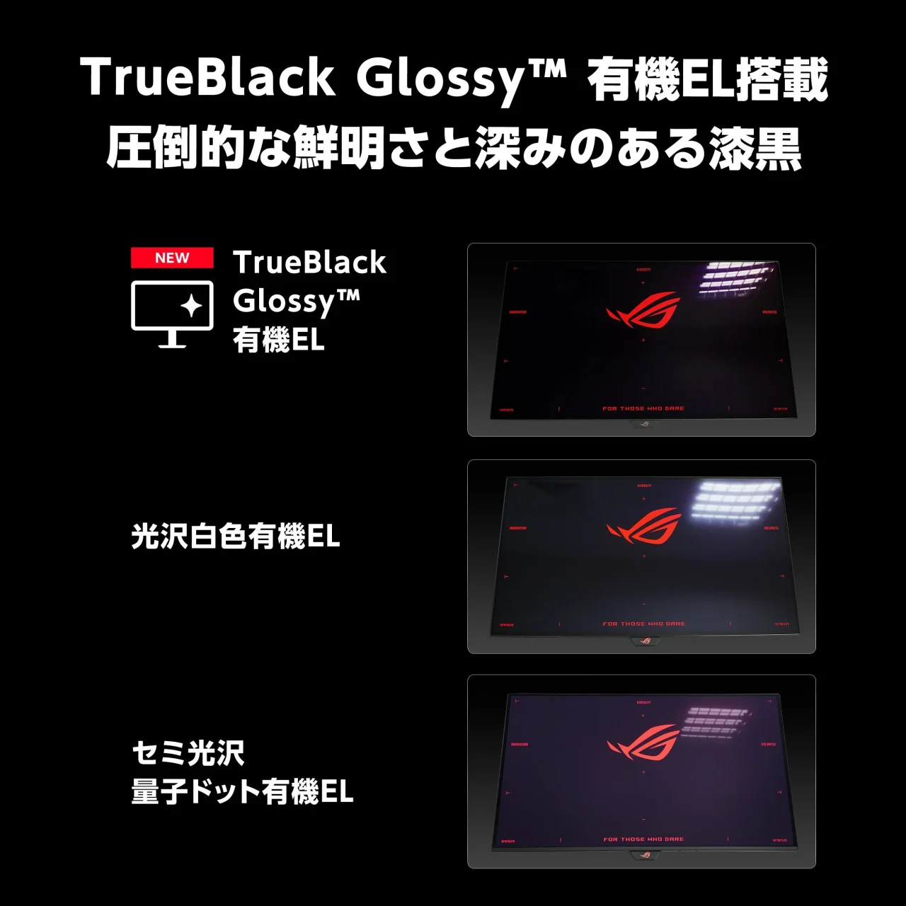 TrueBlack Glossy有機ELと光沢白色・セミ光沢量子ドット有機ELの映り込み比較