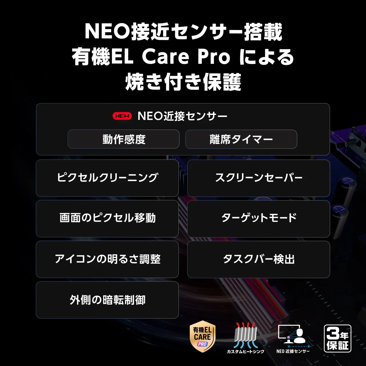 NEO近接センサー搭載 有機EL Care Proによる焼き付き保護の機能一覧
