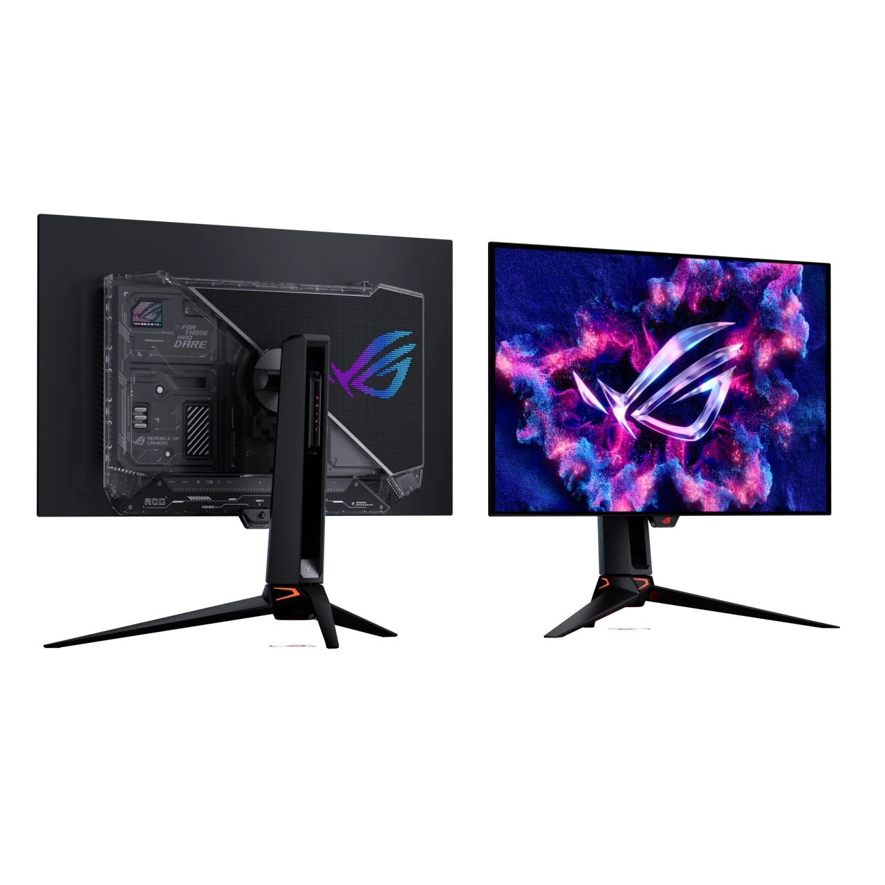 背面と前面を並べて見せるROGロゴ入りゲーミングモニター2台