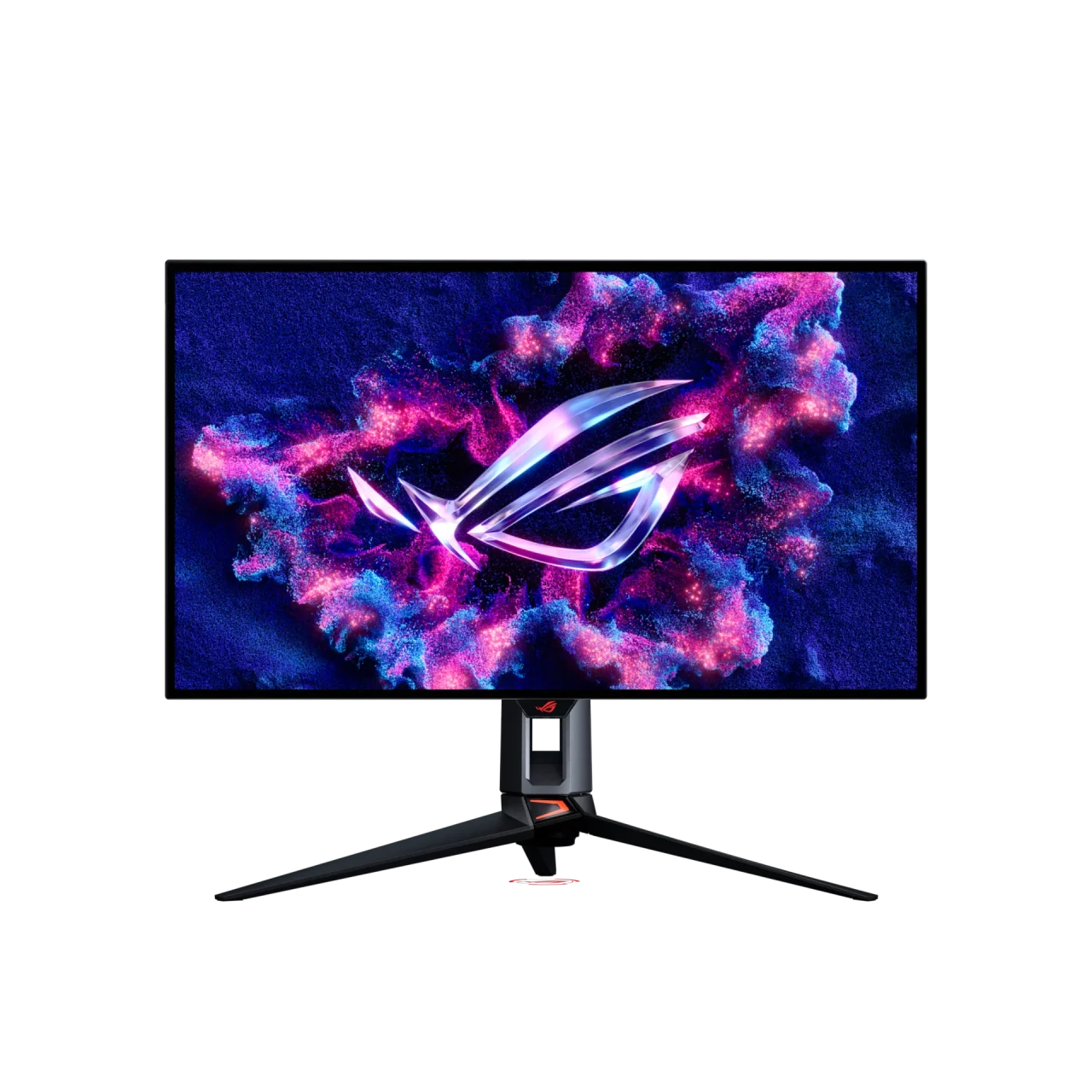 ROGロゴの画面を表示した黒いゲーミングモニターの正面