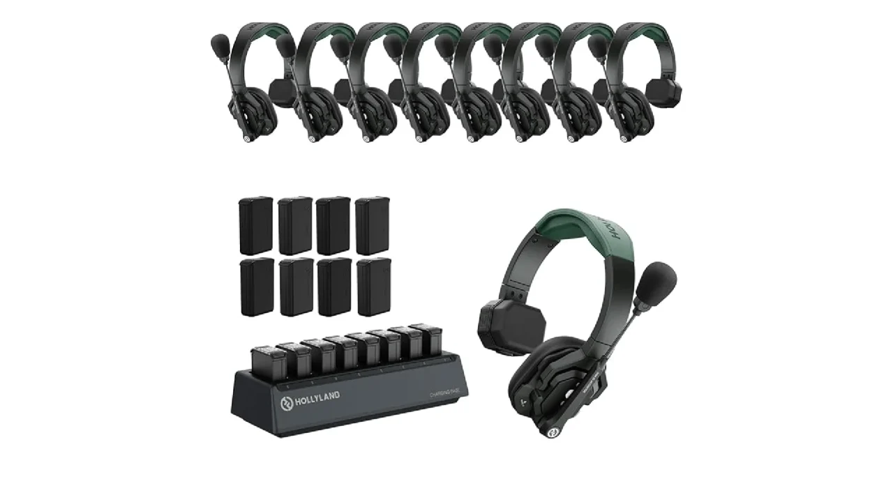 Hollyland Solidcom SE Pro-9S のヘッドセット、充電器、予備バッテリー