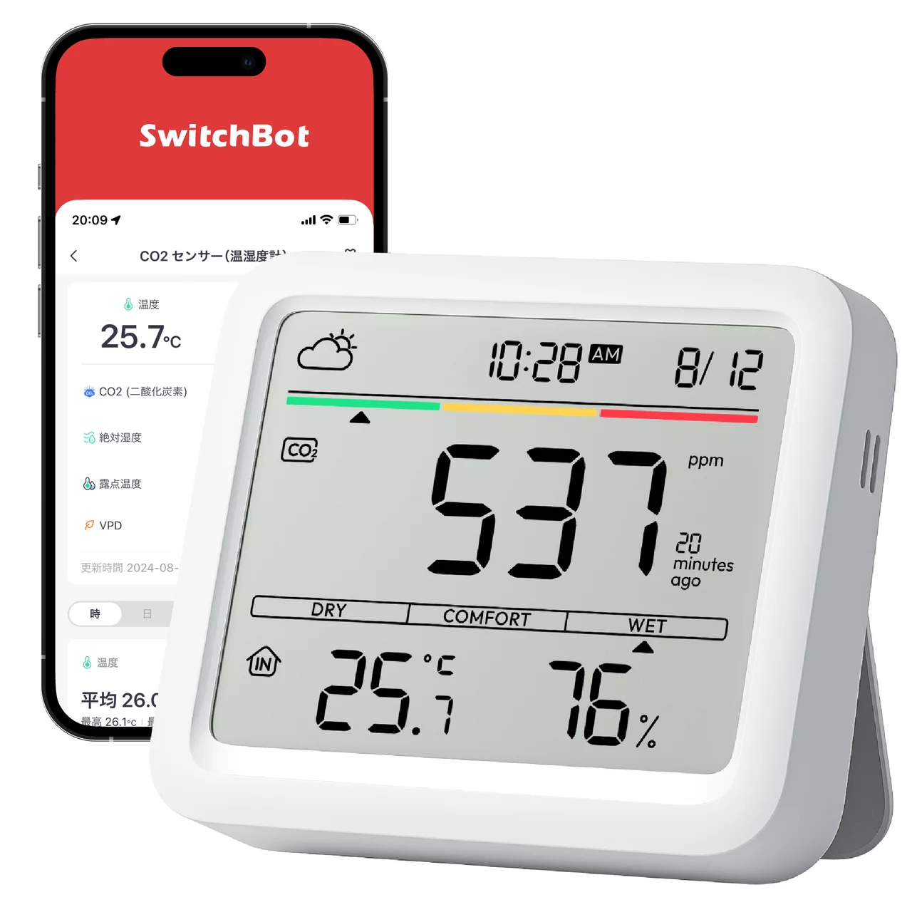 CO2センサー（温湿度計）とSwitchBotアプリ画面。537ppm、25.7℃、76%を表示