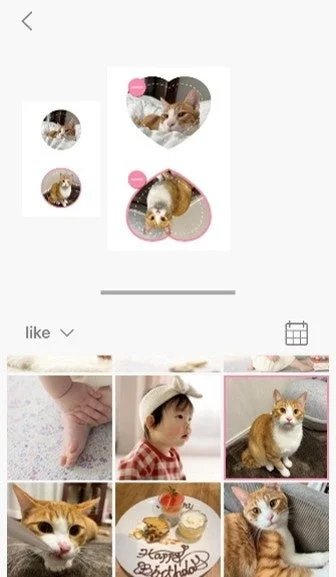 「Canon Mini Print」内コラージュ画面。猫の写真を丸型とハート形に配置