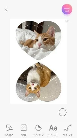 Canon Mini Print画面で2つのハート形に猫の写真を配置した編集画面