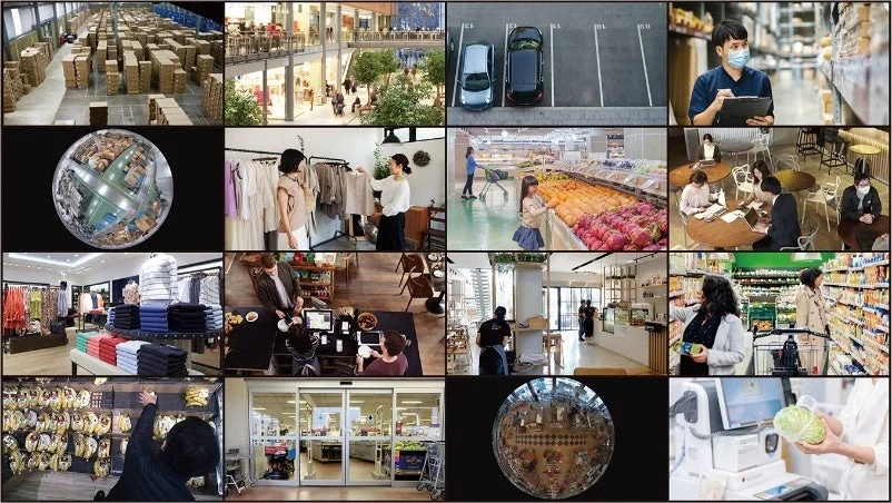 16分割表示のモニタリング画面。店舗や倉庫、駐車場、魚眼映像など16カメラの映像