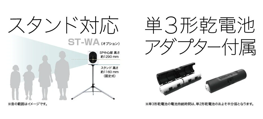 スタンド対応(ST-WA)と単3形乾電池アダプター付属の説明図