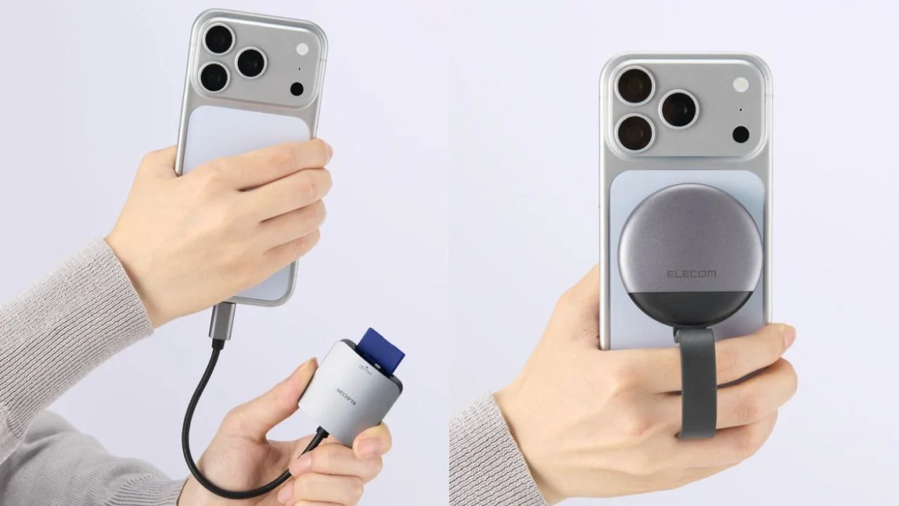 MAGKEEPシリーズのカードリーダーをスマホ背面に装着した様子と、SDカードを挿した直付けケーブル