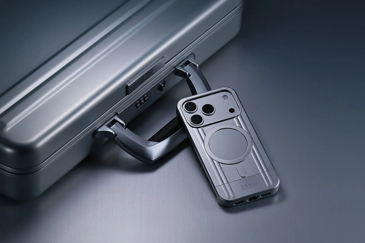 アルミ製アタッシェケースの取っ手に立てかけたZERO HALLIBURTONのiPhoneケース