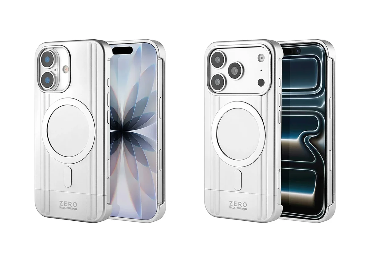 シルバーのアルミ調iPhoneケース2種。背面に円形MagSafe部とロゴ