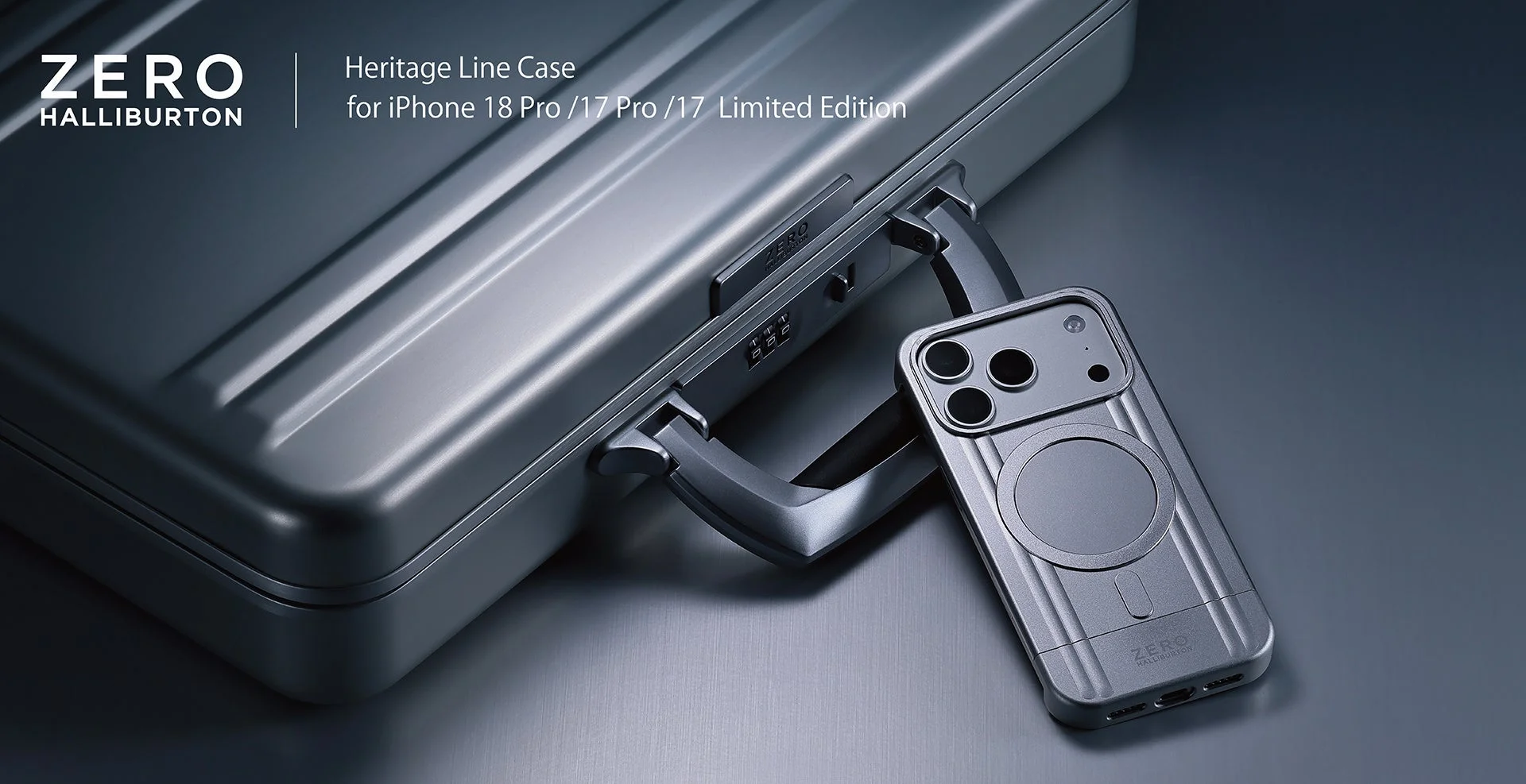 ZERO HALLIBURTON Heritage Line Caseを付けたiPhoneとアルミのアタッシェケース