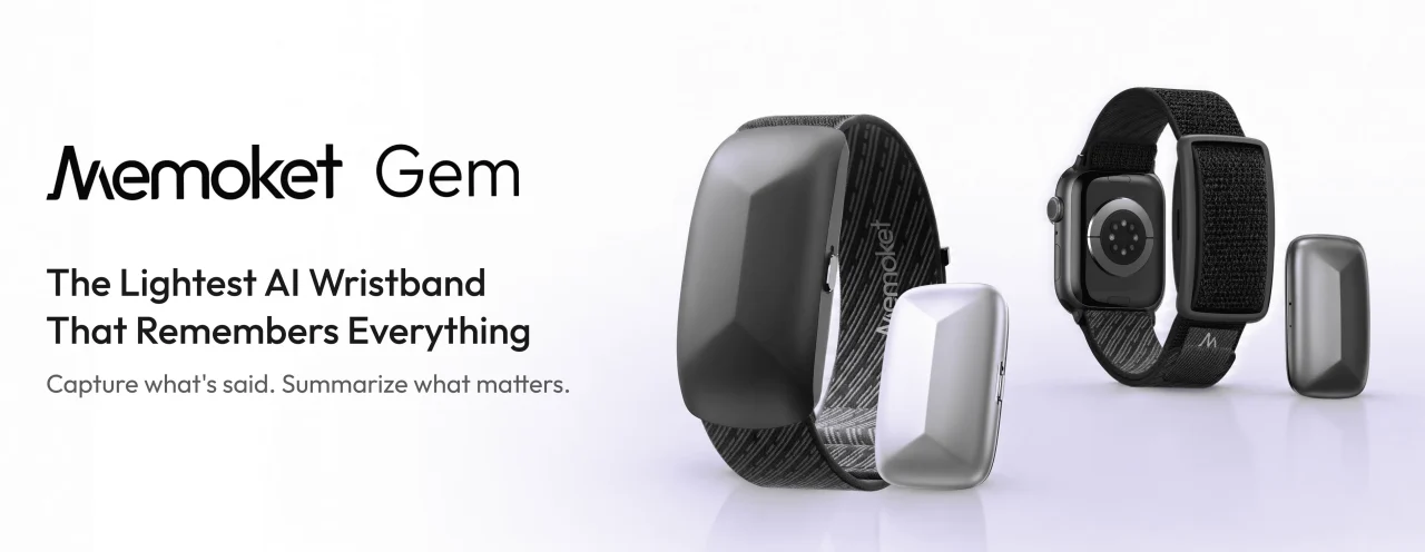 Memoket Gem のリストバンド装着例とApple Watch併用例の告知ビジュアル