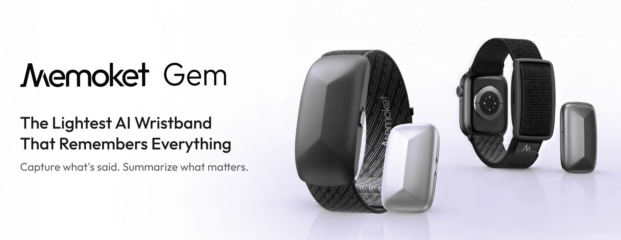 Memoket Gem のリストバンド装着例とApple Watch併用例の告知ビジュアル