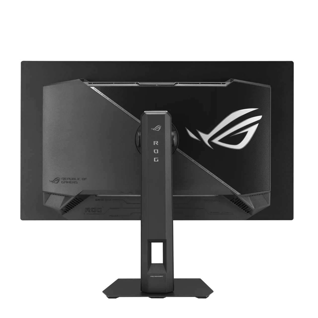 ROG Strix OLED XG27UQDMS を背面から見た黒いモニターとスタンド