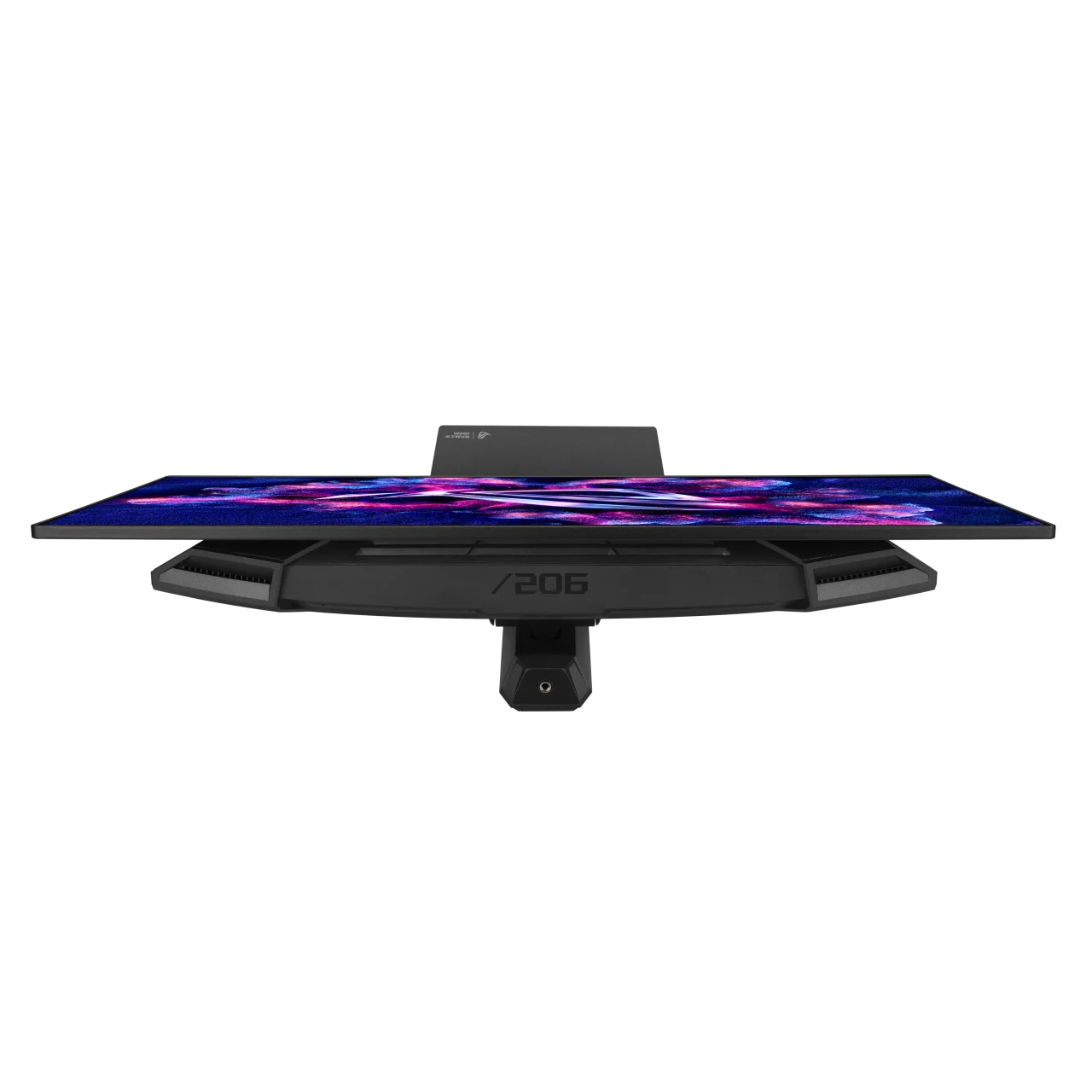 ROG Strix OLED XG27UQDMS を上から見た、画面とスタンド台座