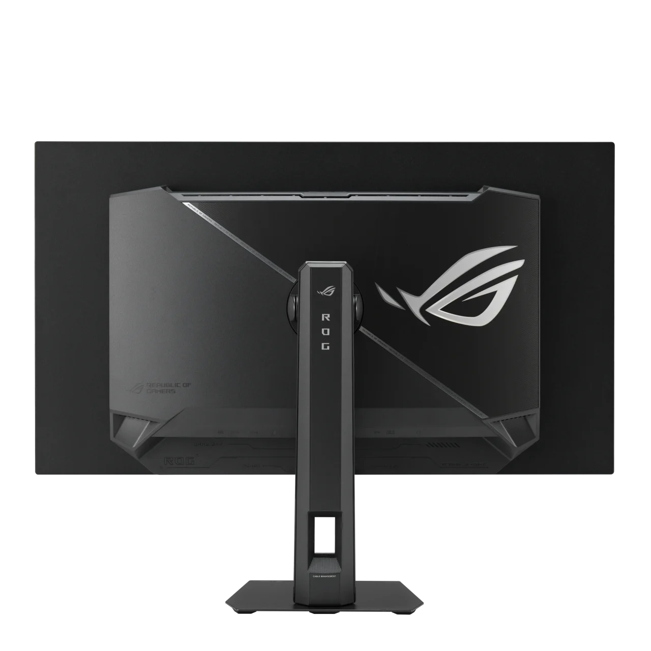 ROG Strix OLED XG32UQDMSの背面。ROGロゴ入りの黒いモニターとスタンド