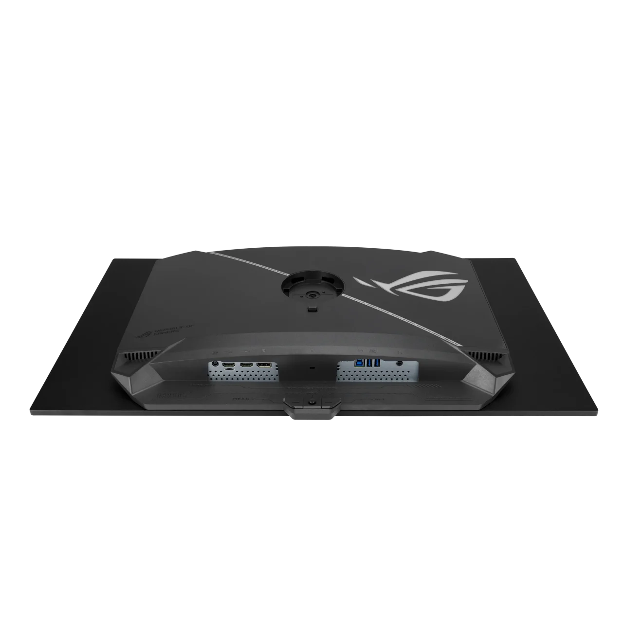 ROG Strix OLED XG32UQDMS の背面と入出力端子を上から見た外観
