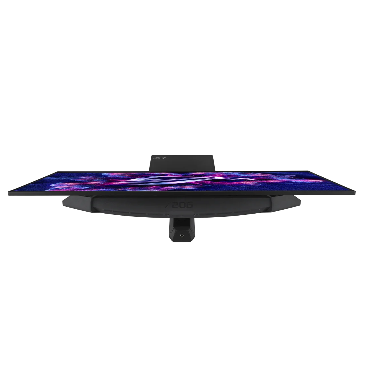 ROG Strix OLED XG32UQDMS を真上から見たモニター。鮮やかな画面とスタンド