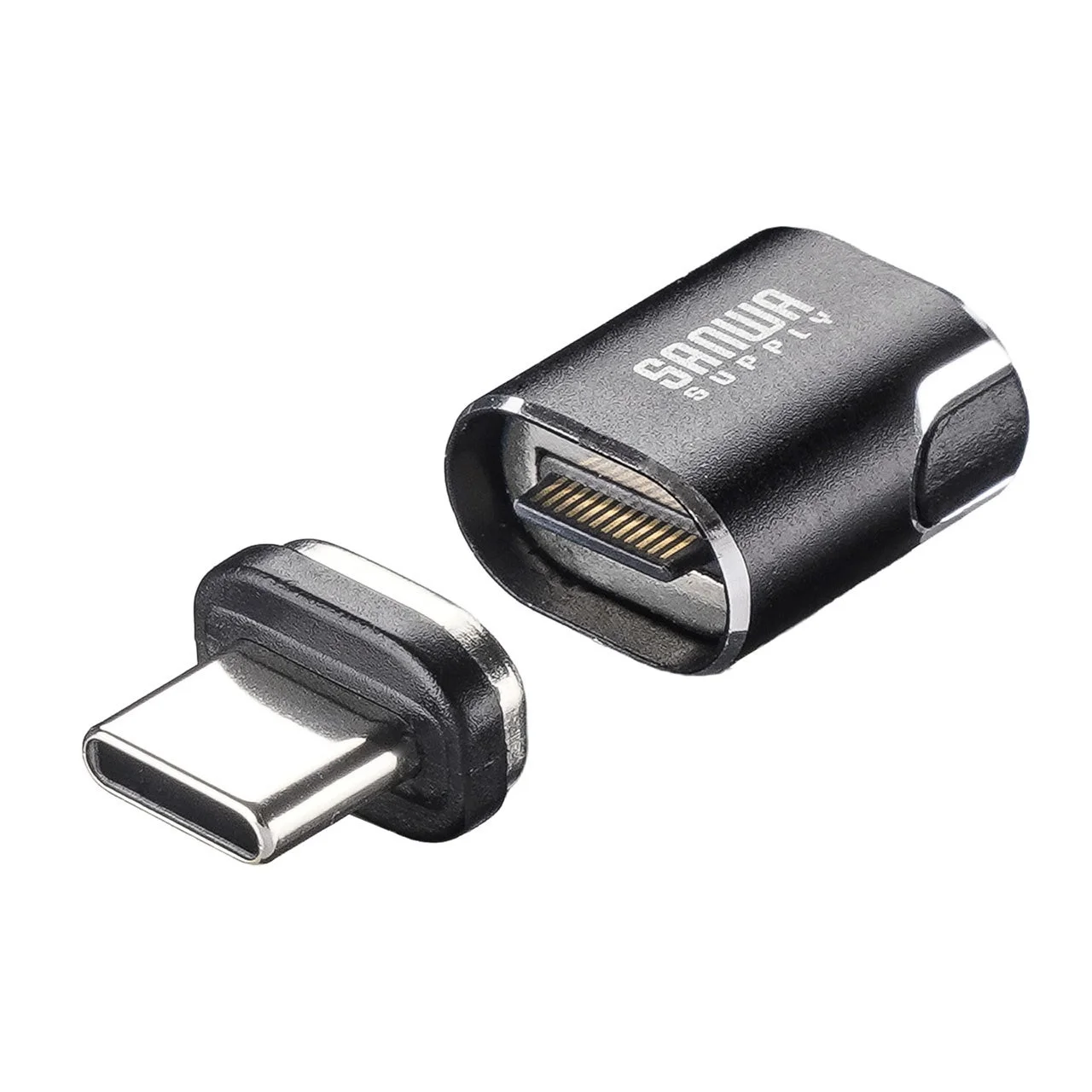Type-C マグネット変換アダプタ 500-USB110BK の本体とプラグ部が分離した黒い製品