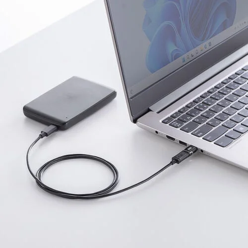 ノートPCと外付けストレージを黒いケーブルとマグネット変換アダプタで接続した様子
