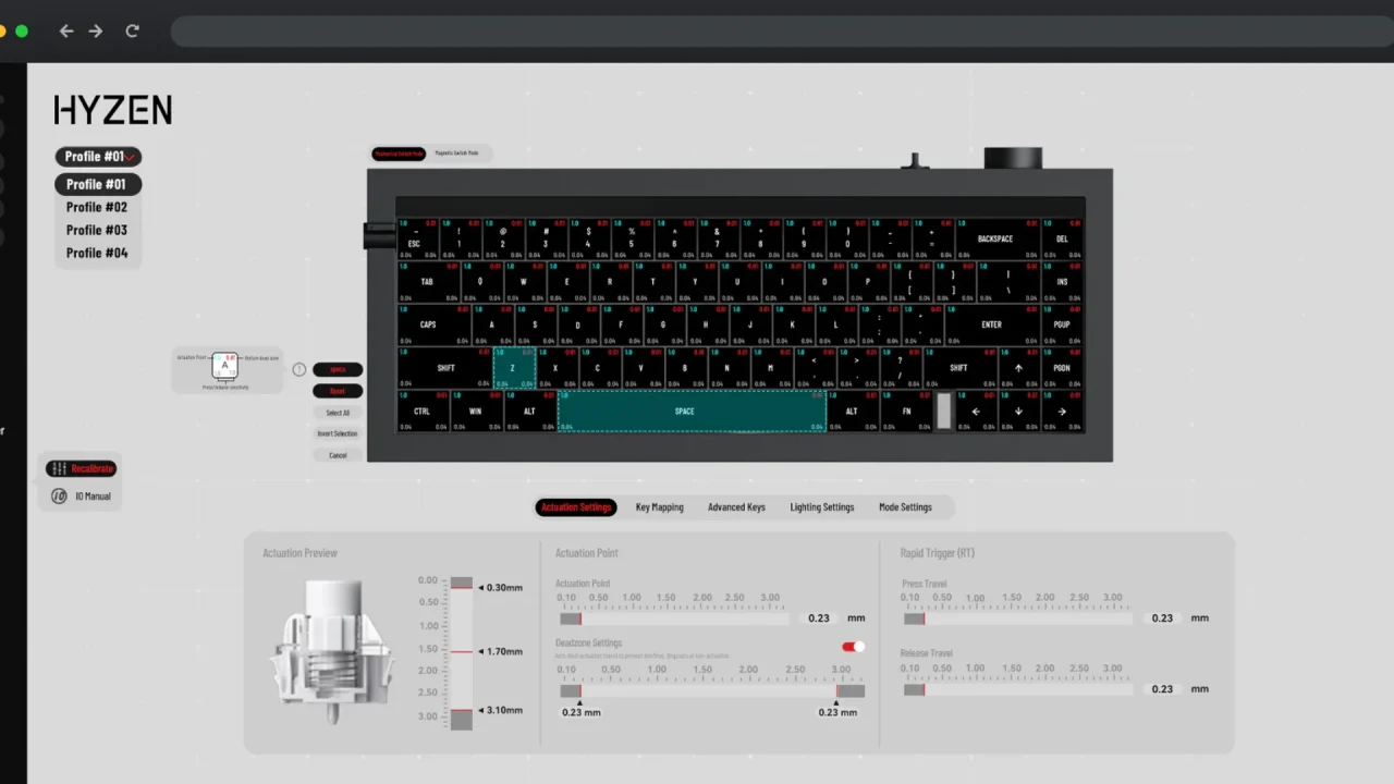 専用ソフトウェア「Lofree Hub」の設定画面。キー配列とアクチュエーション設定