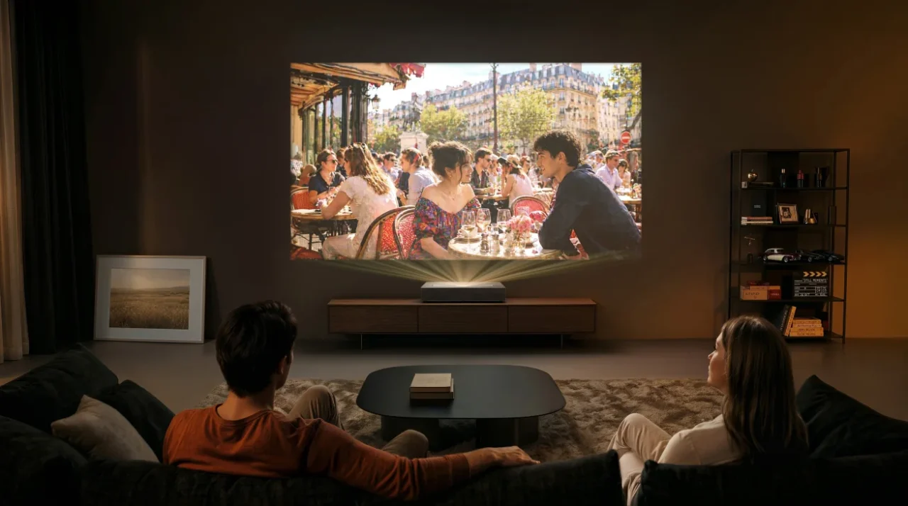 暗い部屋で壁に大画面の4K映像を投影し、ソファから眺める二人