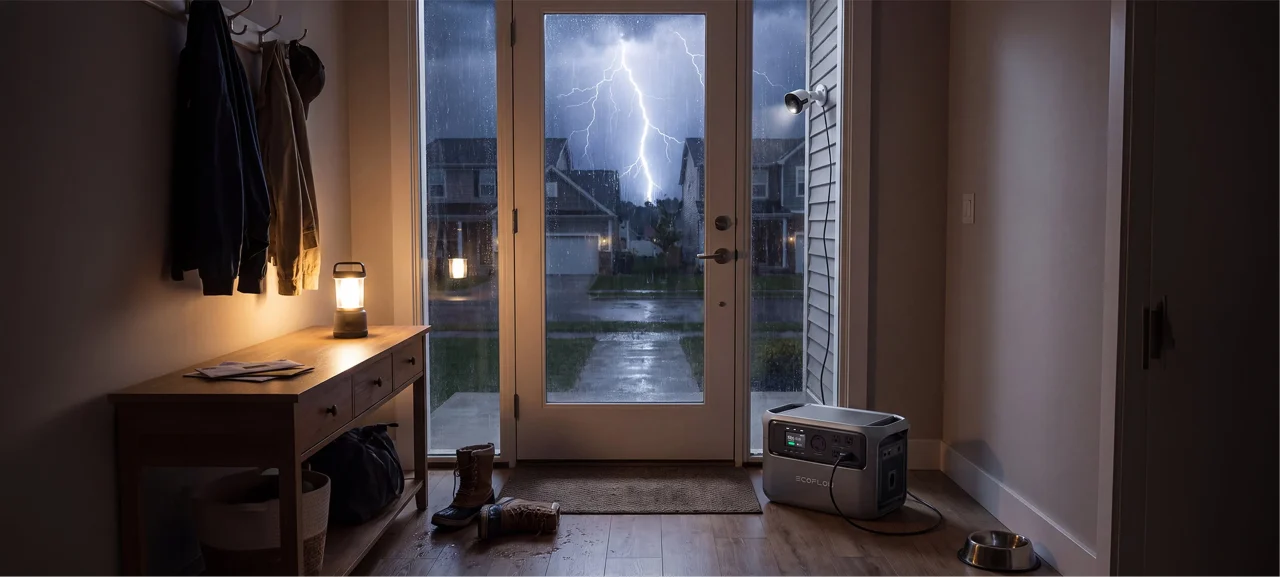 雷が光る嵐の夜、玄関の床に置かれたポータブル電源とランタイン