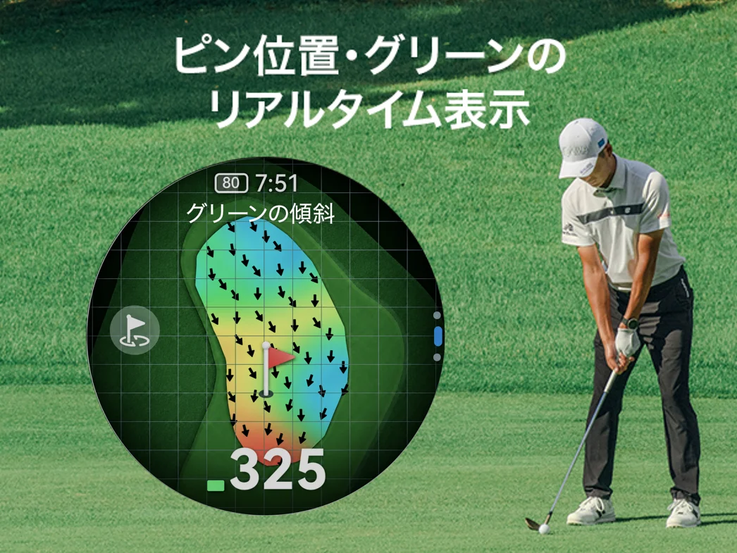 リアルタイムピン位置表示（LivePin）機能のウォッチ画面とゴルファー