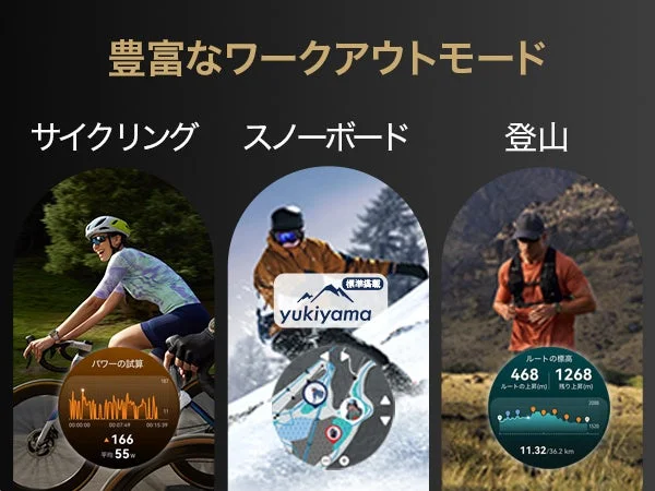 サイクリング・スノーボード・登山のワークアウトモード画面
