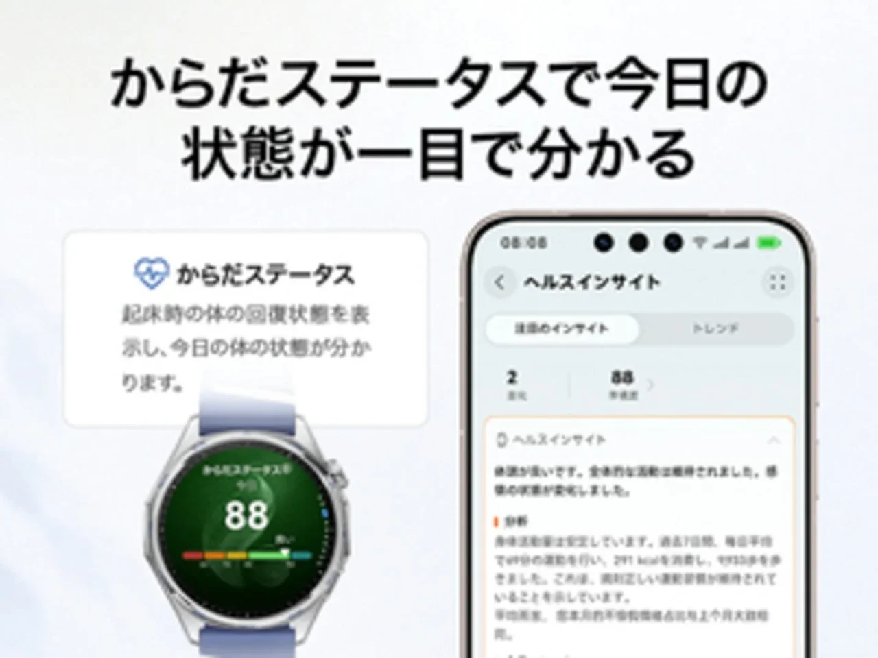 からだステータス画面。スマートウォッチにスコア88、スマホにヘルスインサイト