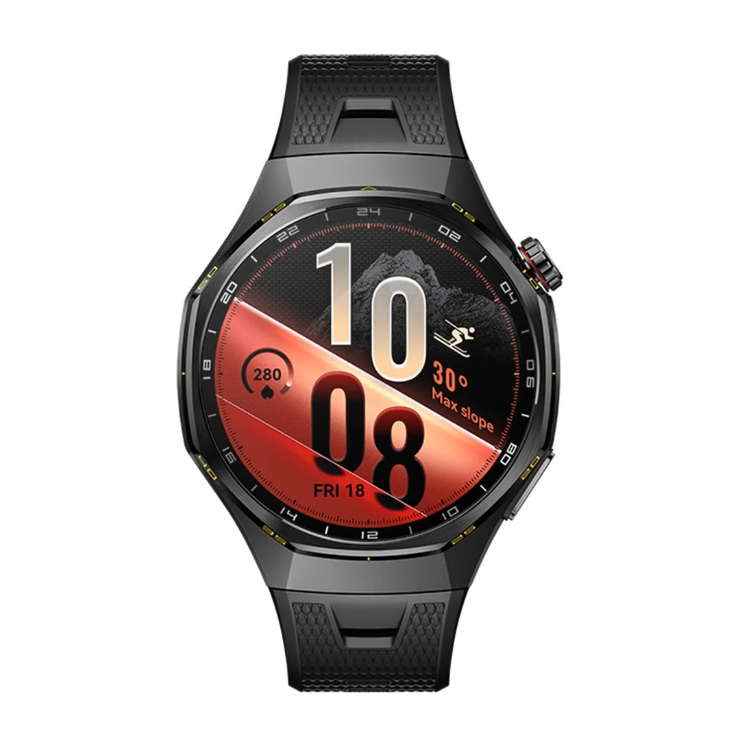 HUAWEI WATCH GT 7 Pro ブラックのベルトと赤い文字盤のスマートウォッチ