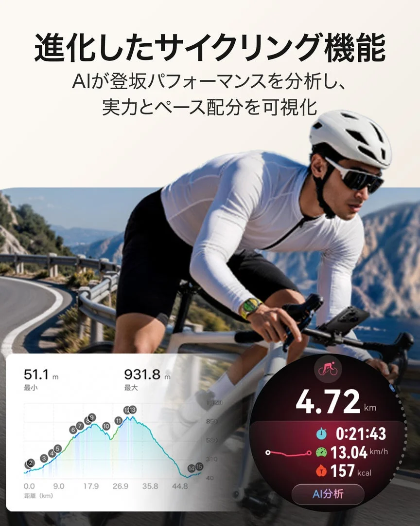 進化したサイクリング機能。ロードバイクに乗る人物と標高グラフ、ウォッチの計測画面