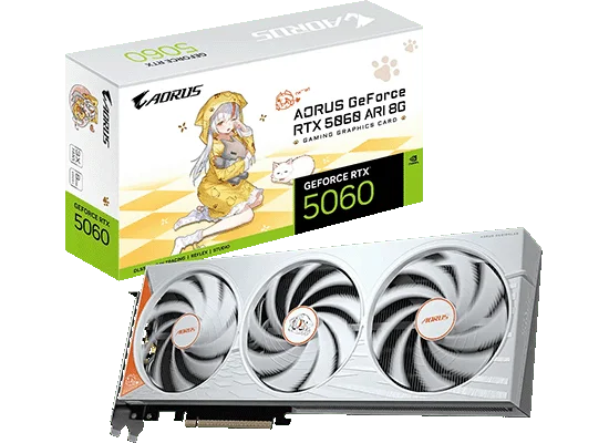 GV-N5060AORUS ARI-8GDのパッケージと白い3連ファンのグラフィックボード
