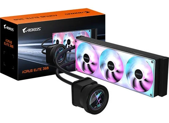 AORUS ELITE 360 の箱と、3連ファンラジエーターとLCD付きポンプヘッド