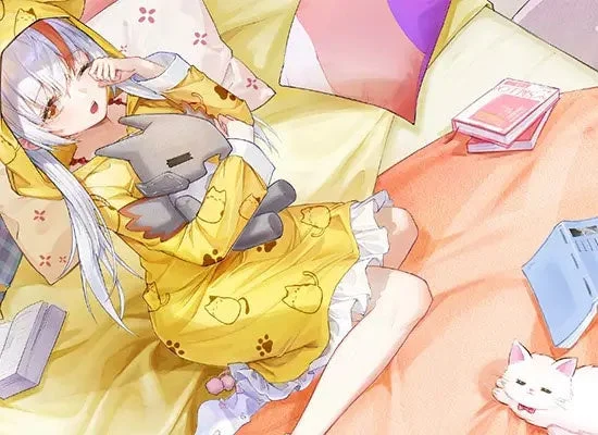アニメの美学と優れたレンダリング性能 黄色いパジャマで猫のぬいぐるみを抱く少女
