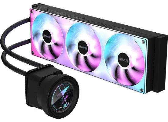 AORUS ELITE 360 ブラックの3連ファン水冷CPUクーラー、LCD付き